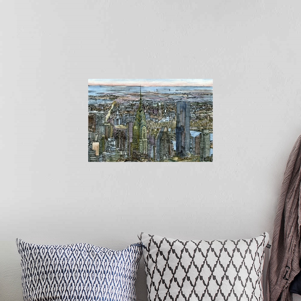 A bohemian room featuring Contemporary drawing with filled in color of an aerial view of part of New York City with the Chr...