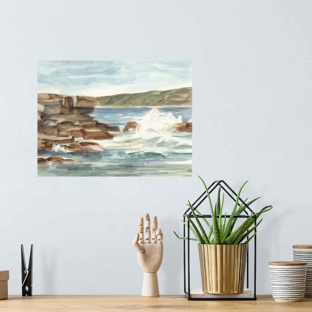 A bohemian room featuring Contemporary painting of waves crashing against a rocky shore.