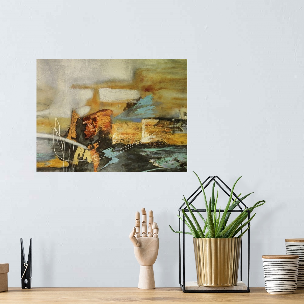 A bohemian room featuring Horizontal abstract painting in tones of yellow, orange and gray with thin white brushstrokes ove...