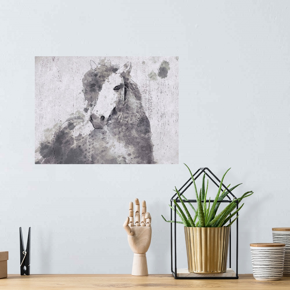 A bohemian room featuring A creative image of a gray horse over a white wood board.