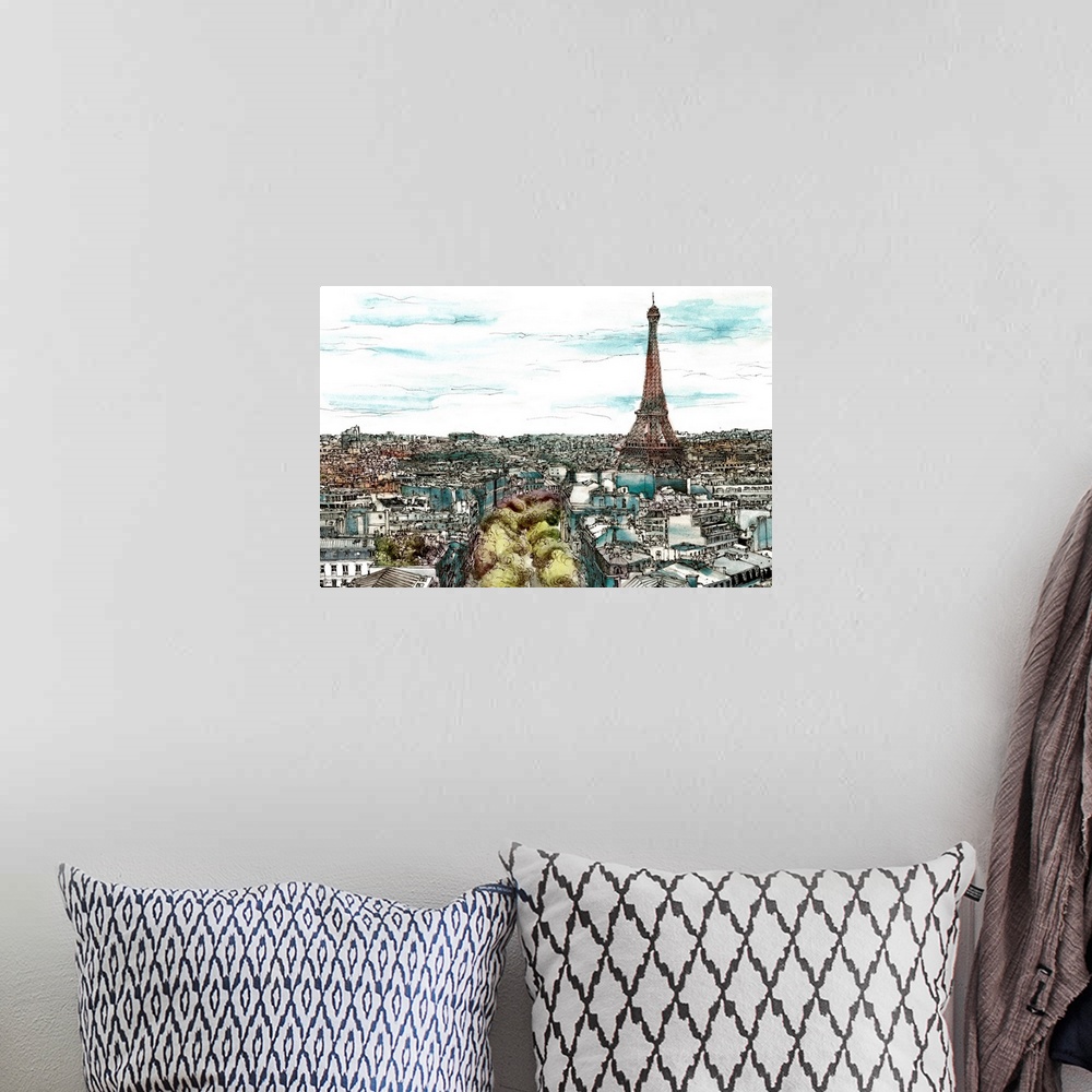 A bohemian room featuring Contemporary sketch with filled in color of a cityscape in Paris, France with the Eiffel Tower to...