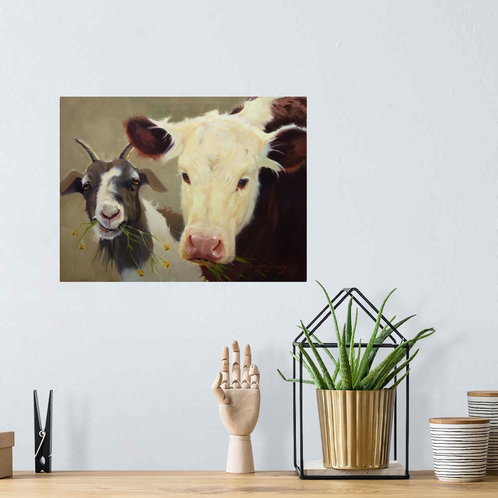 A bohemian room featuring Contemporary artwork of two unexpected farm animals relaxing together.