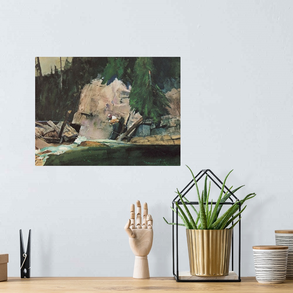A bohemian room featuring Contemporary watercolor painting of a man fishing in a river in the wilderness.