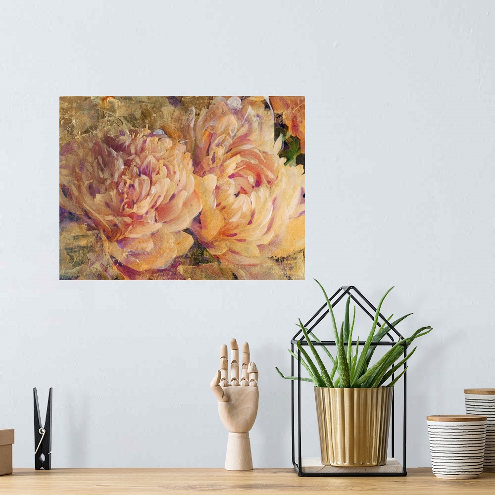 A bohemian room featuring Contemporary artwork of of flowers in bloom, in vintage shades of pink and yellow.