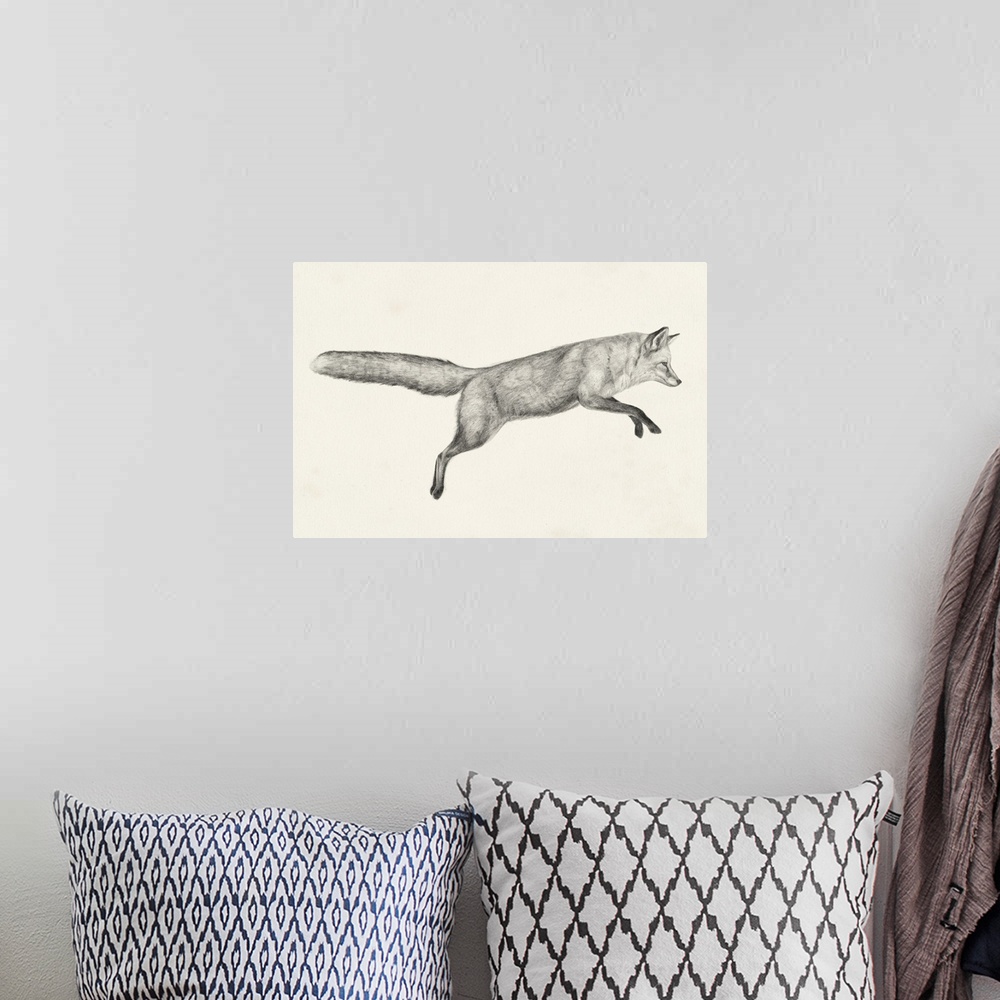 A bohemian room featuring Graphite drawing of a fox leaping through the air.