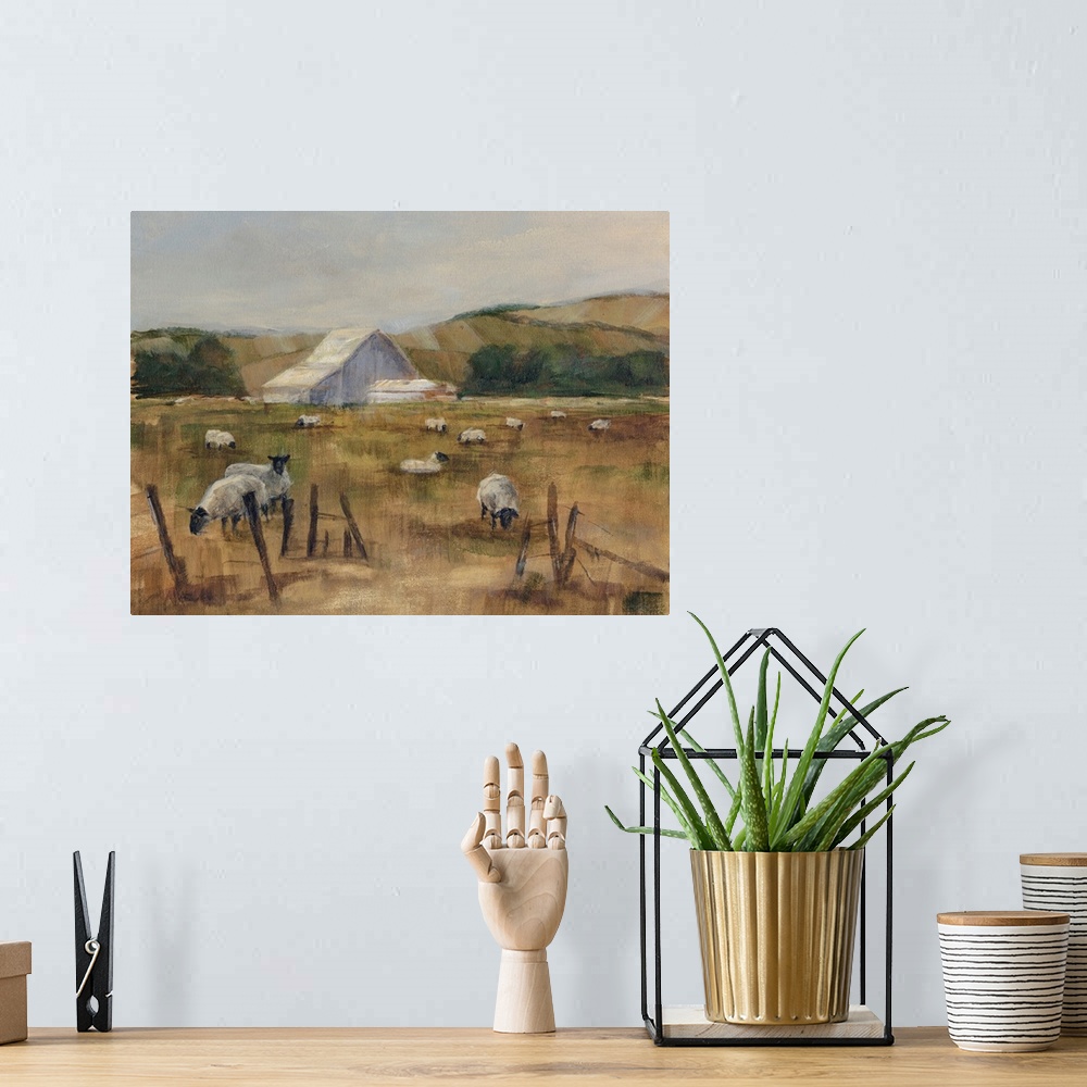 A bohemian room featuring Contemporary artwork of a flock of sheep near a white barn in low afternoon light.