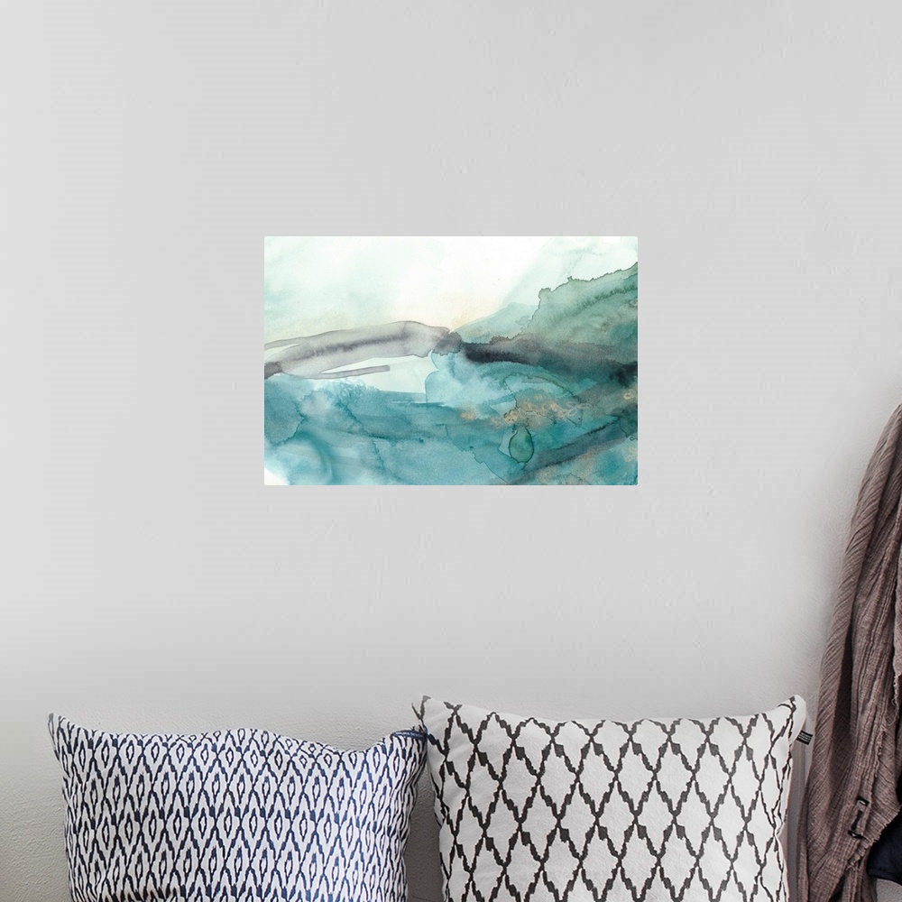 A bohemian room featuring Pale blue watercolor abstract, reminiscent of flowing water.