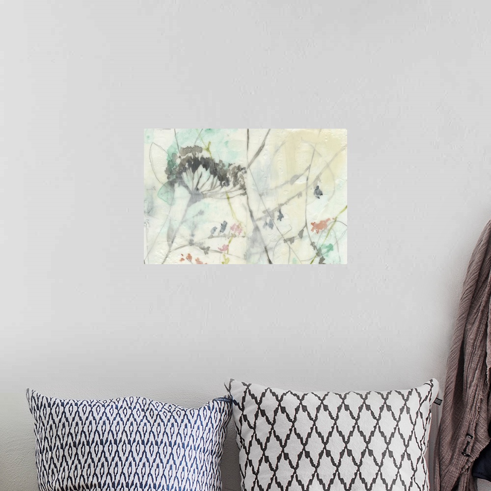 A bohemian room featuring Floral abstract painting in muted tones with small pops of color.