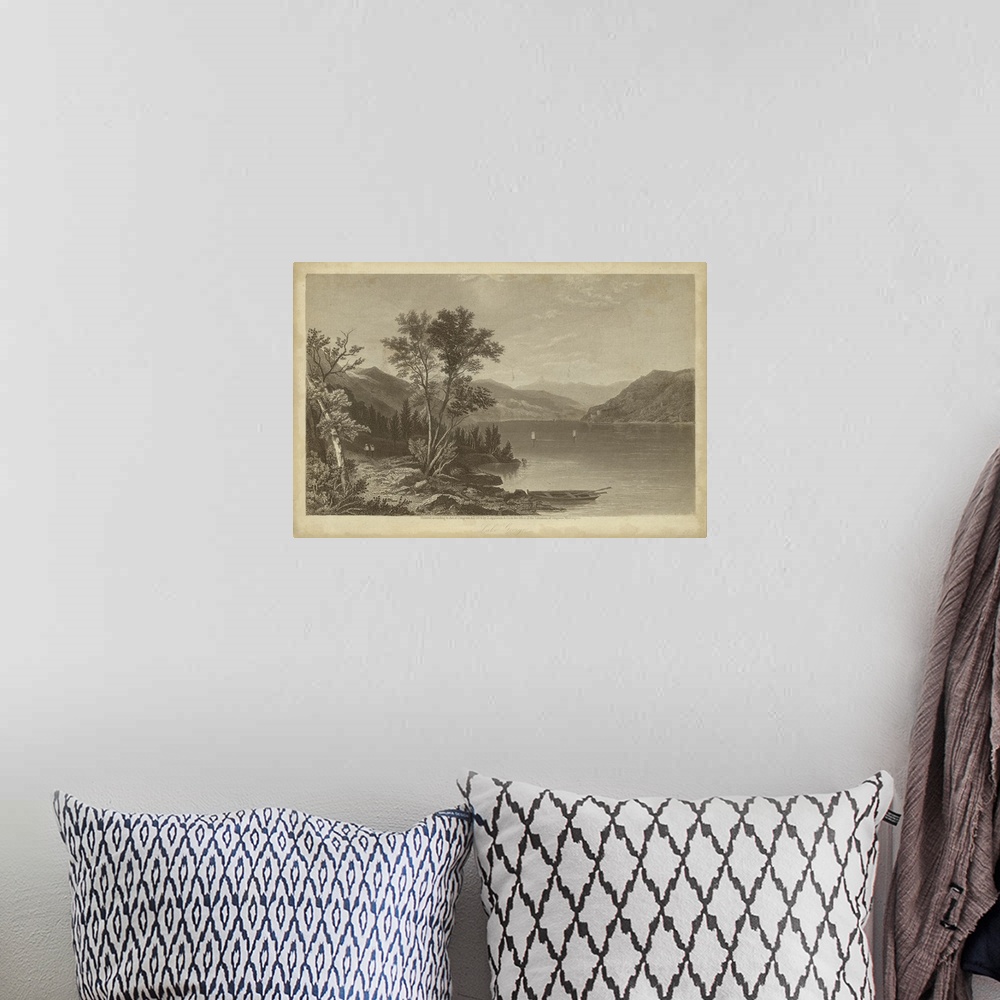 A bohemian room featuring Vintage artwork created from cross-hatching lines of a lake in sepia.