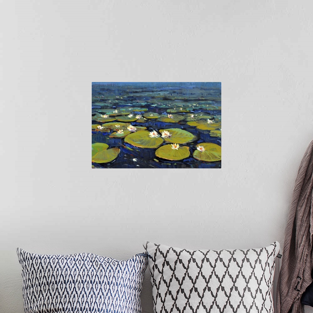A bohemian room featuring Contemporary painting of bright green lily pads in a deep blue pond.