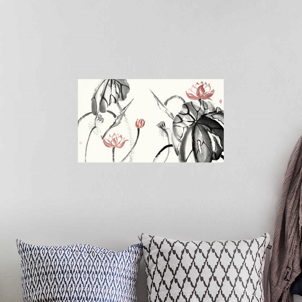 A bohemian room featuring Illustrations of free formed lotus flowers in black and coral watercolor with red Japanese symbol...