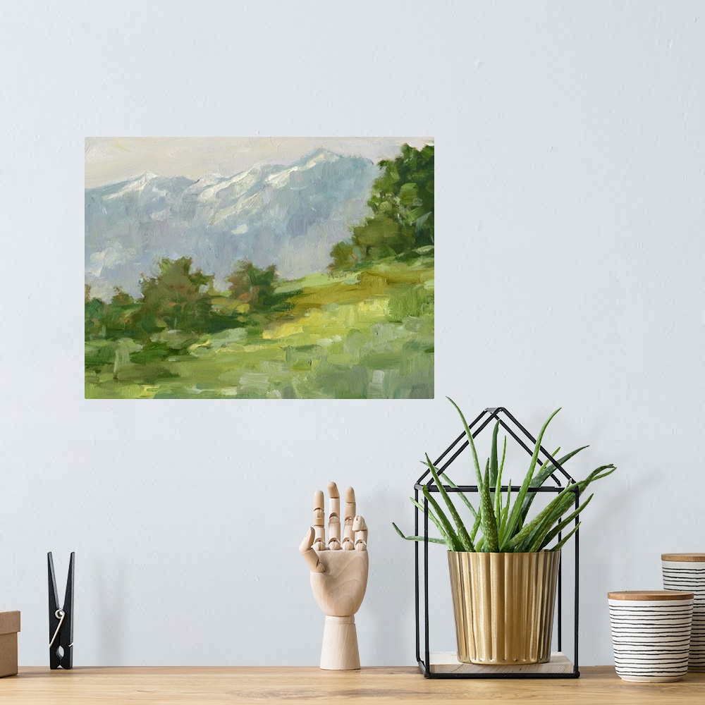 A bohemian room featuring Contemporary landscape painting of a rural mountain meadow.