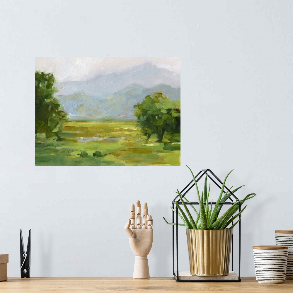A bohemian room featuring Contemporary landscape artwork of a verdant countryside with mountains in the distance.