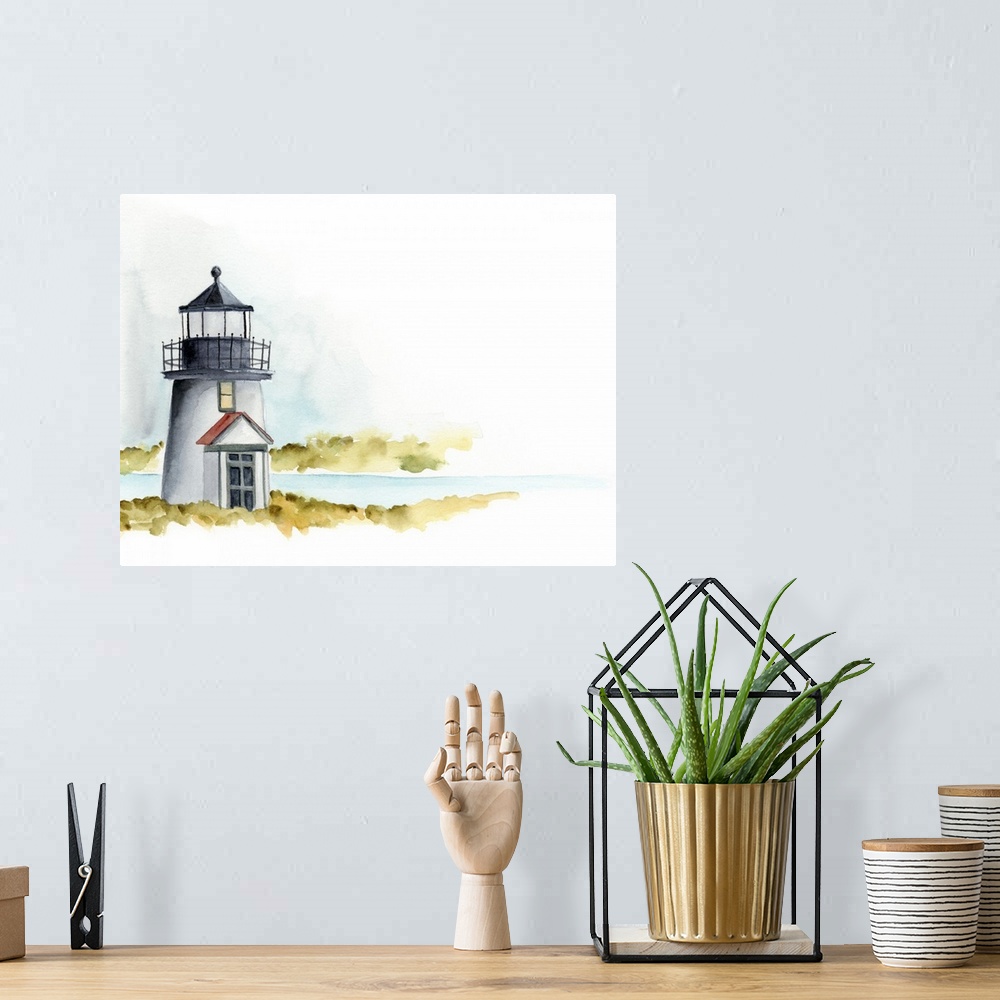 A bohemian room featuring Landscape painting of a small lighthouse along a coast which fades into white, done in watercolor.