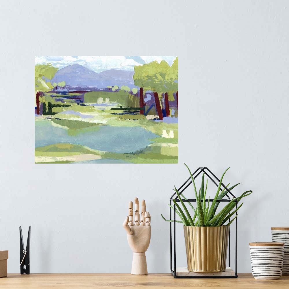 A bohemian room featuring Contemporary painting of a marshy field with trees.