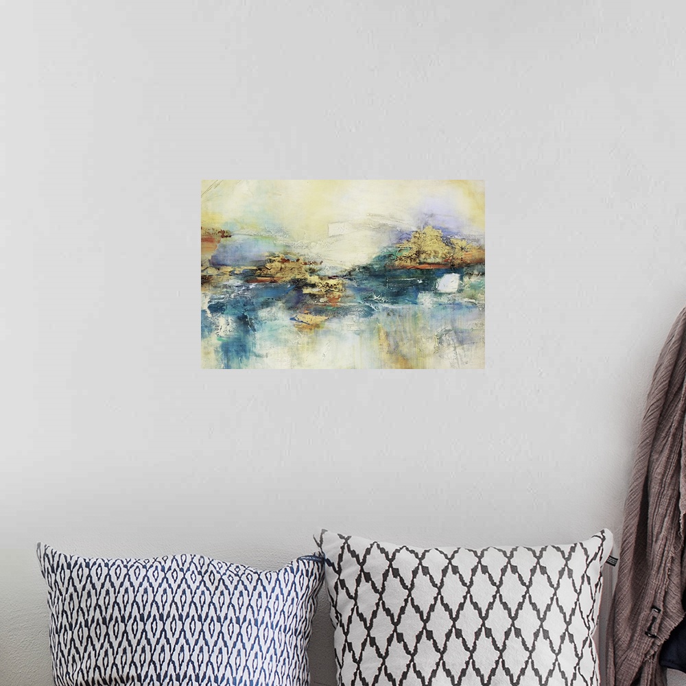 A bohemian room featuring Thick textured brush strokes in blue and yellow color create this abstract contemporary artwork.