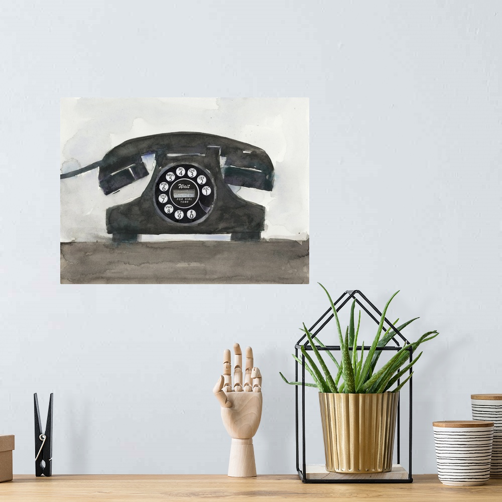 A bohemian room featuring Decorative painting of a black old telephone with a circular dial pad.