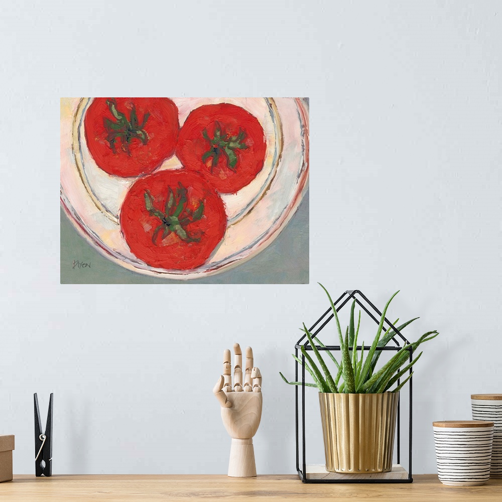 A bohemian room featuring Painting of a plate of tomatoes, seen from above.