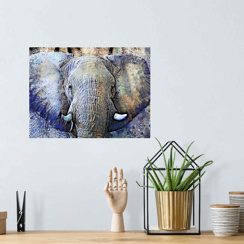 A bohemian room featuring This digital artwork features overlapping images of an elephant, global tile pattern and paint sp...