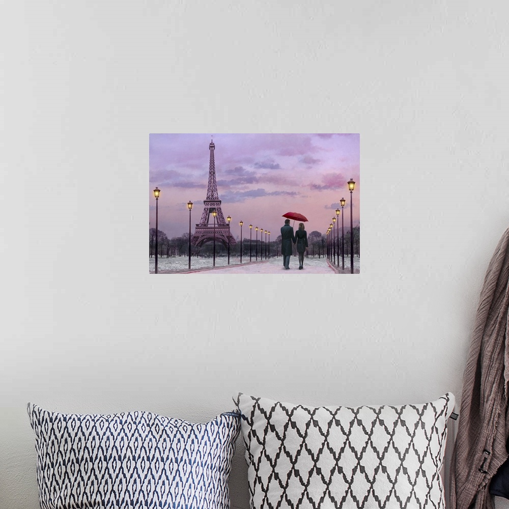 A bohemian room featuring Image of a couple walking along a path lined be street post with the Eiffel Tower in the backgrou...