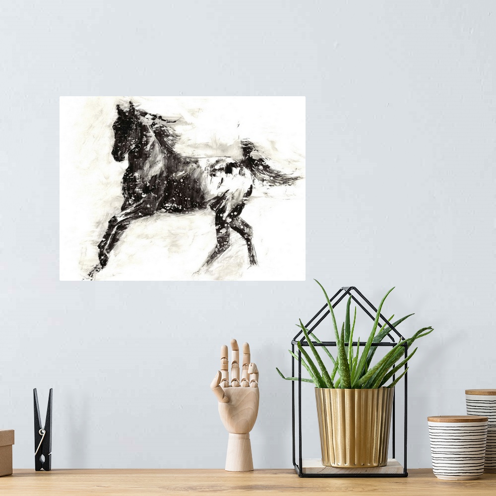 A bohemian room featuring Black and white painting of a galloping appaloosa horse.