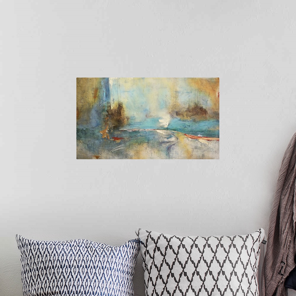 A bohemian room featuring Thick textured brush strokes in blue, orange, red color create this abstract contemporary artwork.