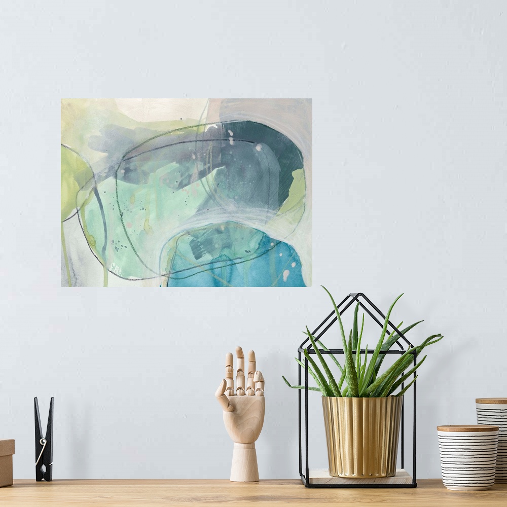 A bohemian room featuring Contemporary abstract painting of ovular, stone-like shapes in blue and green hues reminiscent of...