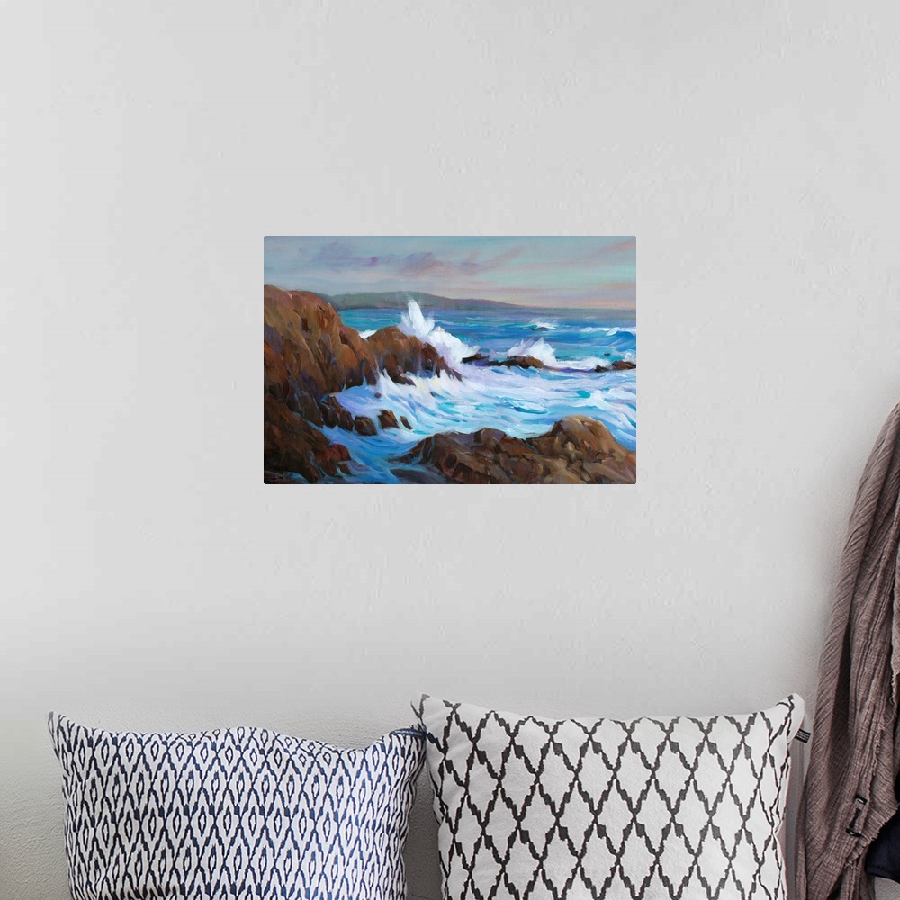 A bohemian room featuring Contemporary seascape painting of waves crashing against a rocky coastline.