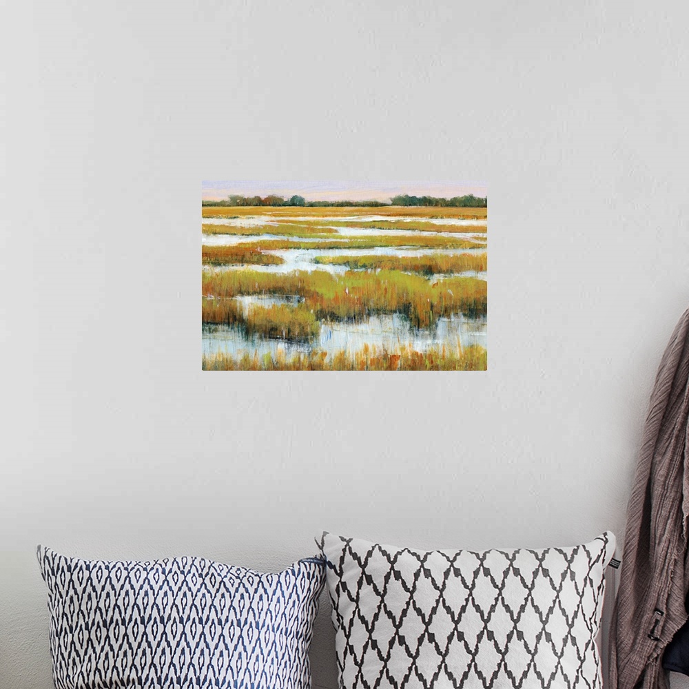 A bohemian room featuring Abstracted landscape painting of a serene marshland.