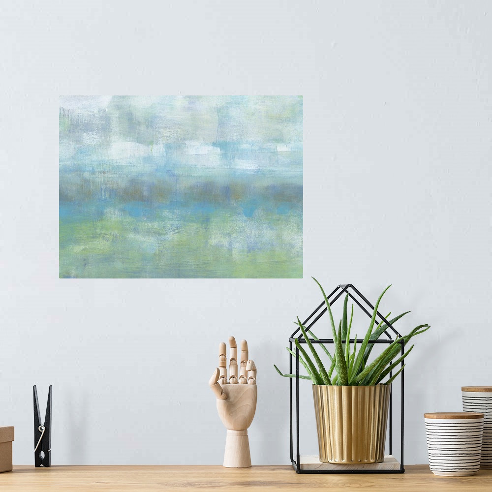 A bohemian room featuring Contemporary abstract painting using green and blue tones to create what looks like a blanket of ...