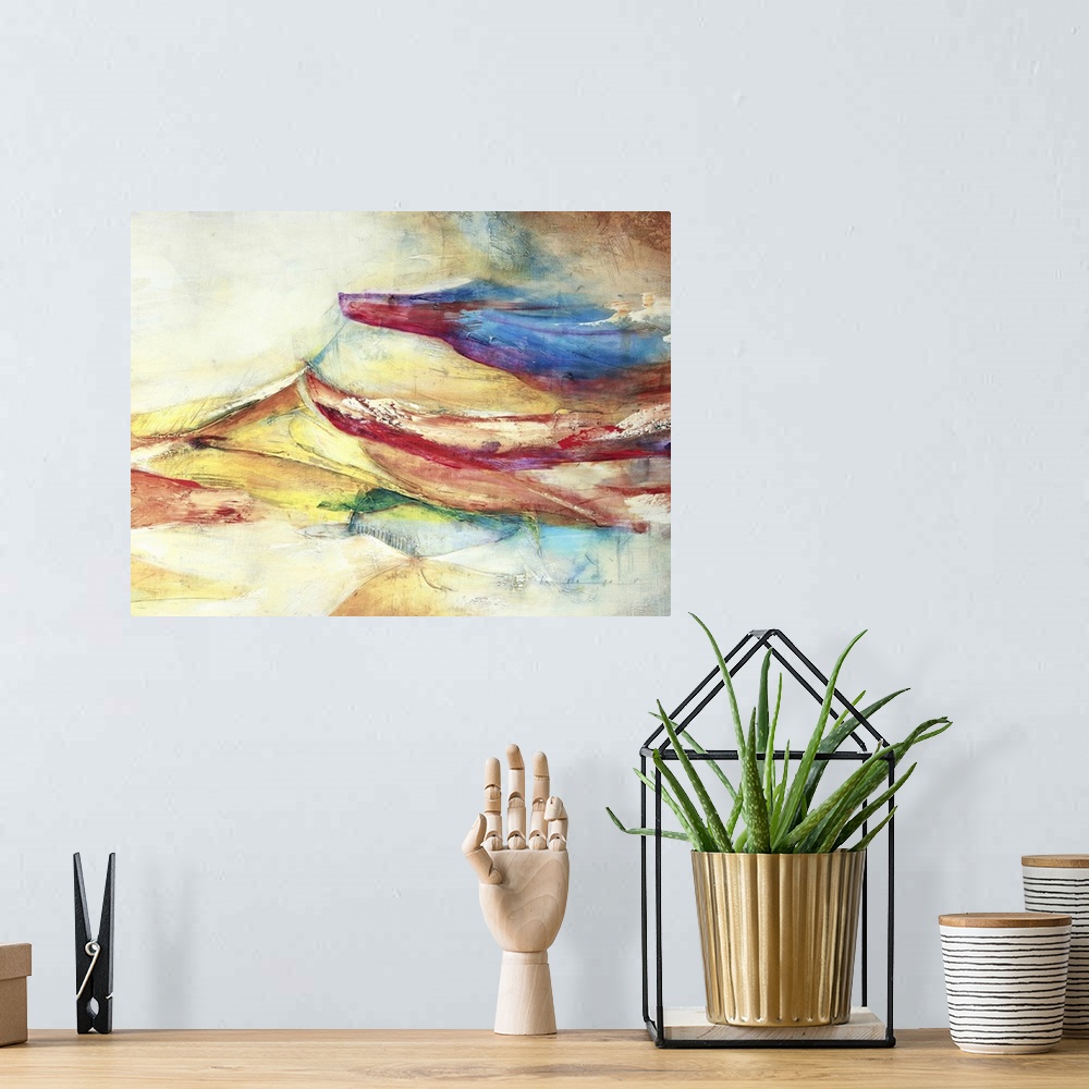 A bohemian room featuring Waves of bright color float across this artwork like currents in a sea with distressed texture th...