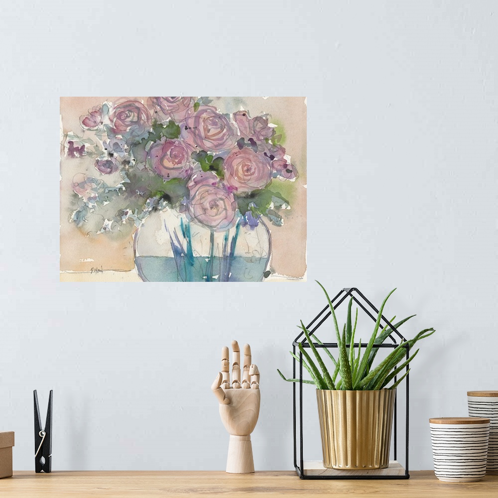 A bohemian room featuring Watercolor painting of bright purple flowers in a glass vase.