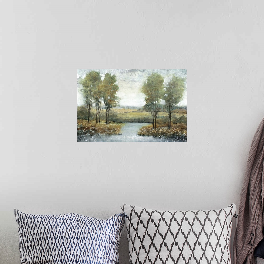 A bohemian room featuring Contemporary painting of trees in a meadow by a stream.