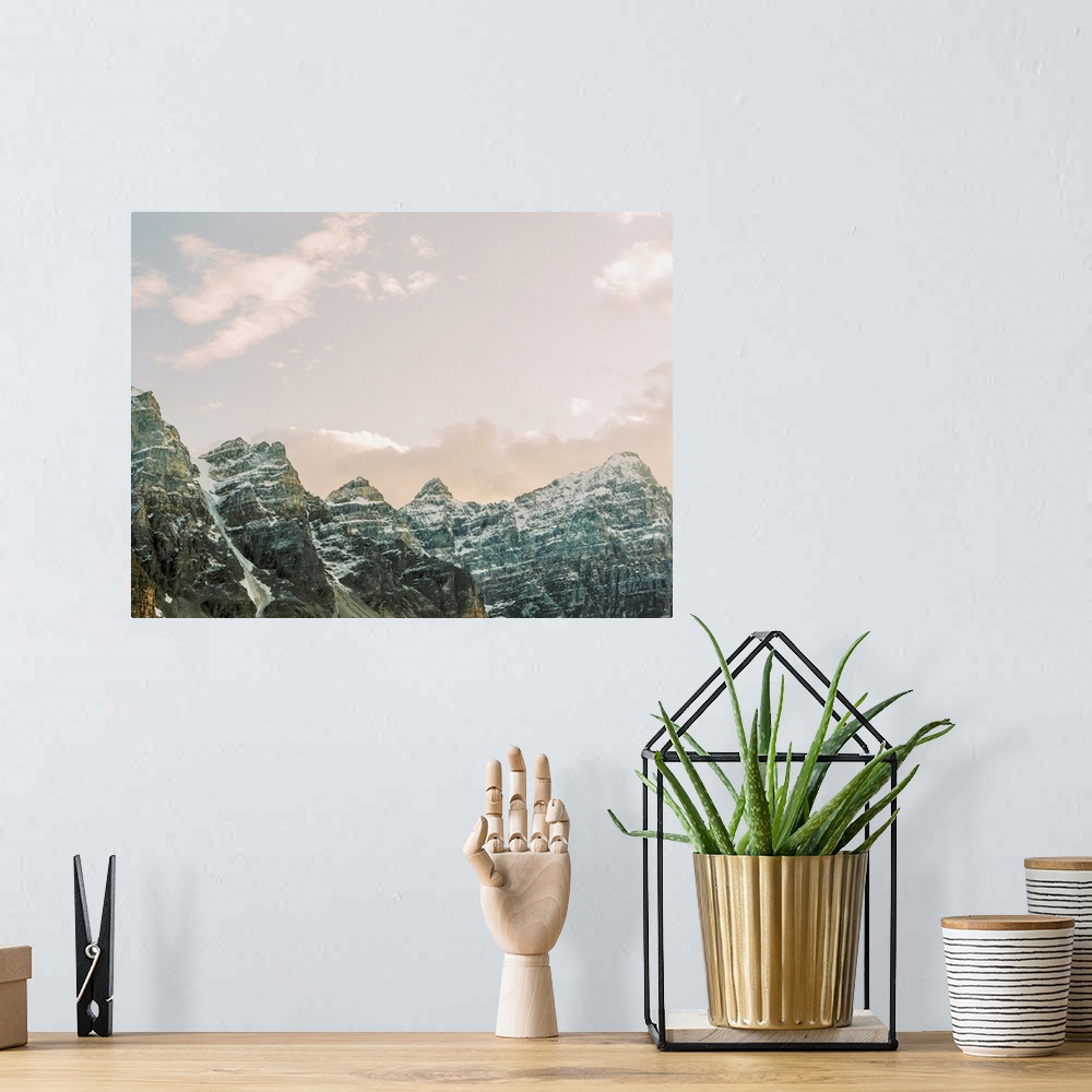 A bohemian room featuring Photograph of the ten peaks mountains, Moraine Lake, Banff, Canada.