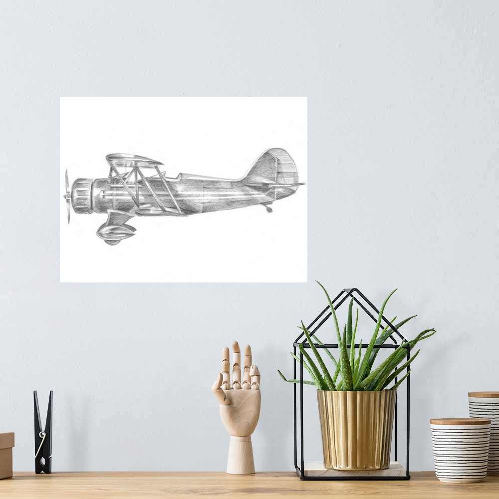 A bohemian room featuring Contemporary artwork of an airplane sketched on a white background.