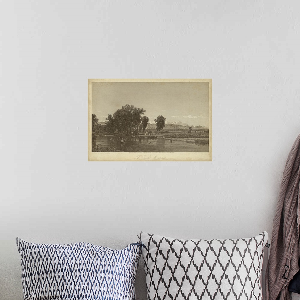 A bohemian room featuring Vintage artwork of a Native American village in sepia.