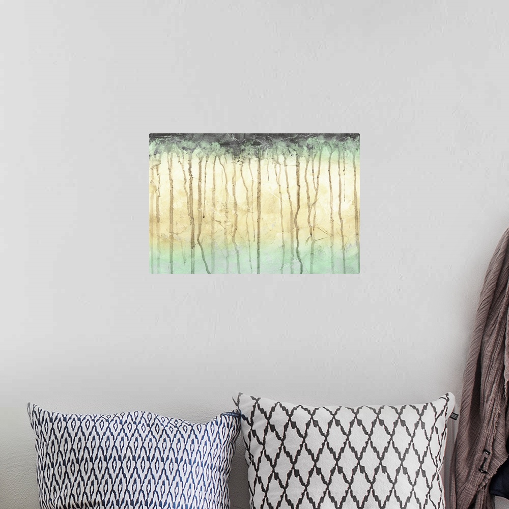 A bohemian room featuring This contemporary artwork features paint drips over a textured gradated background that signifies...
