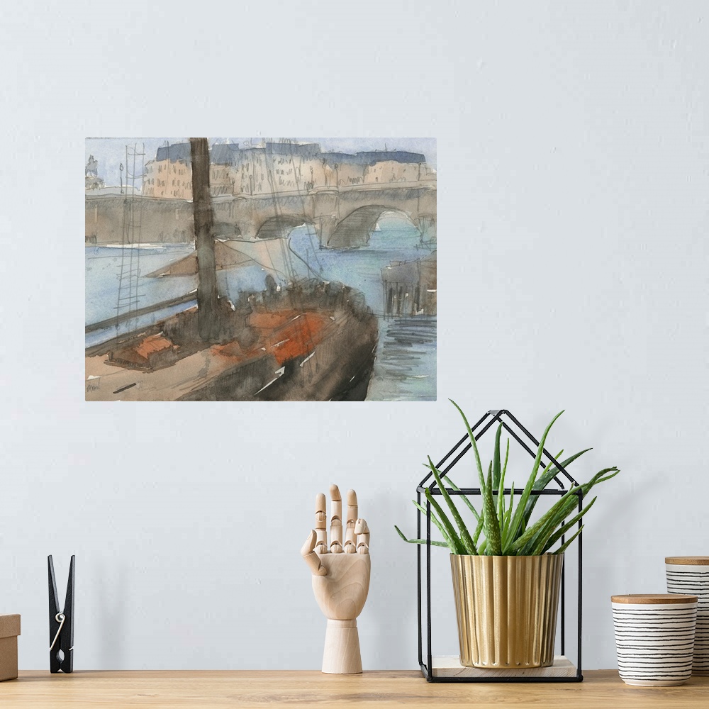 A bohemian room featuring Watercolor cityscape painting of a boat approaching a bridge in Venice.