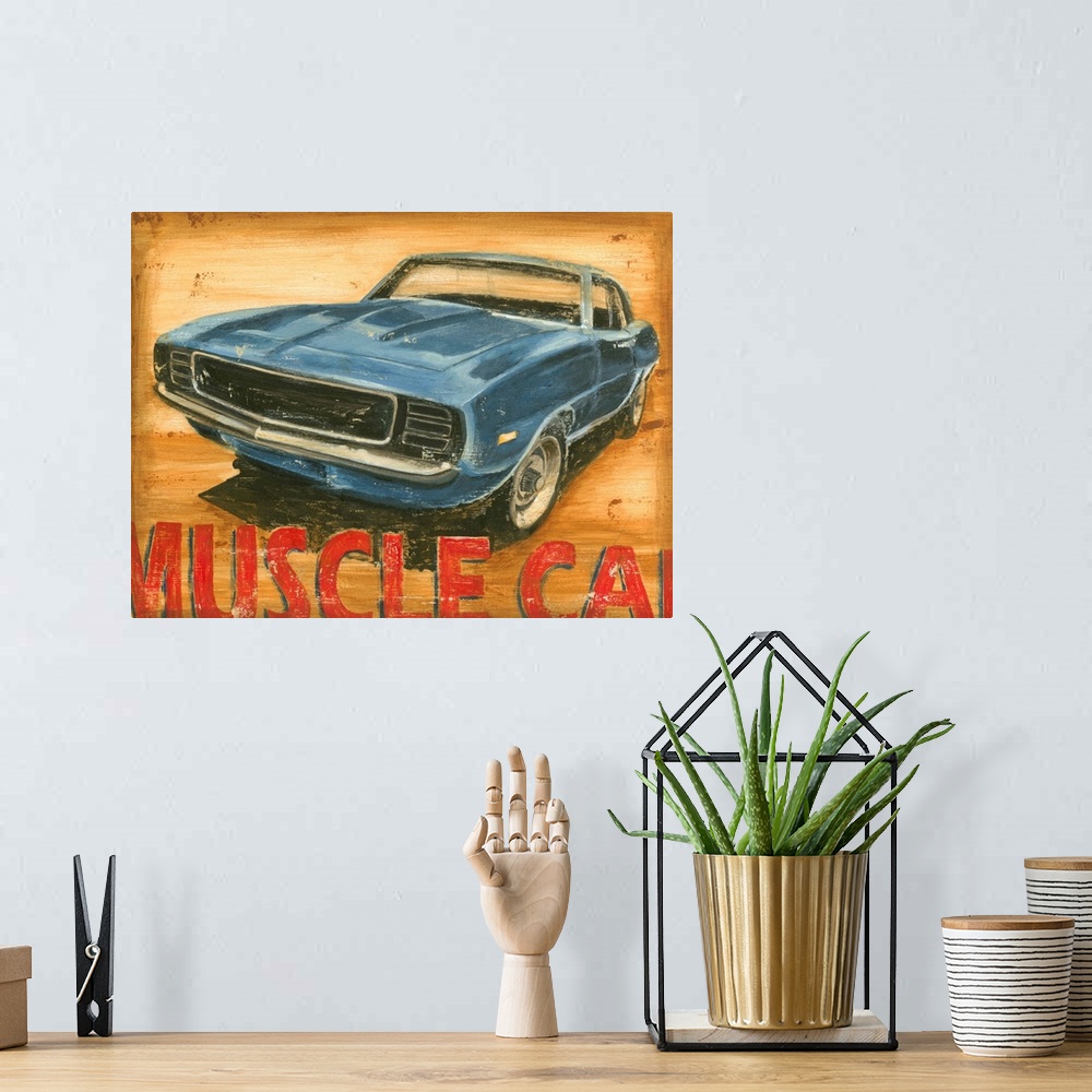 A bohemian room featuring Big canvas painting of a muscle car on top of a grungy background.