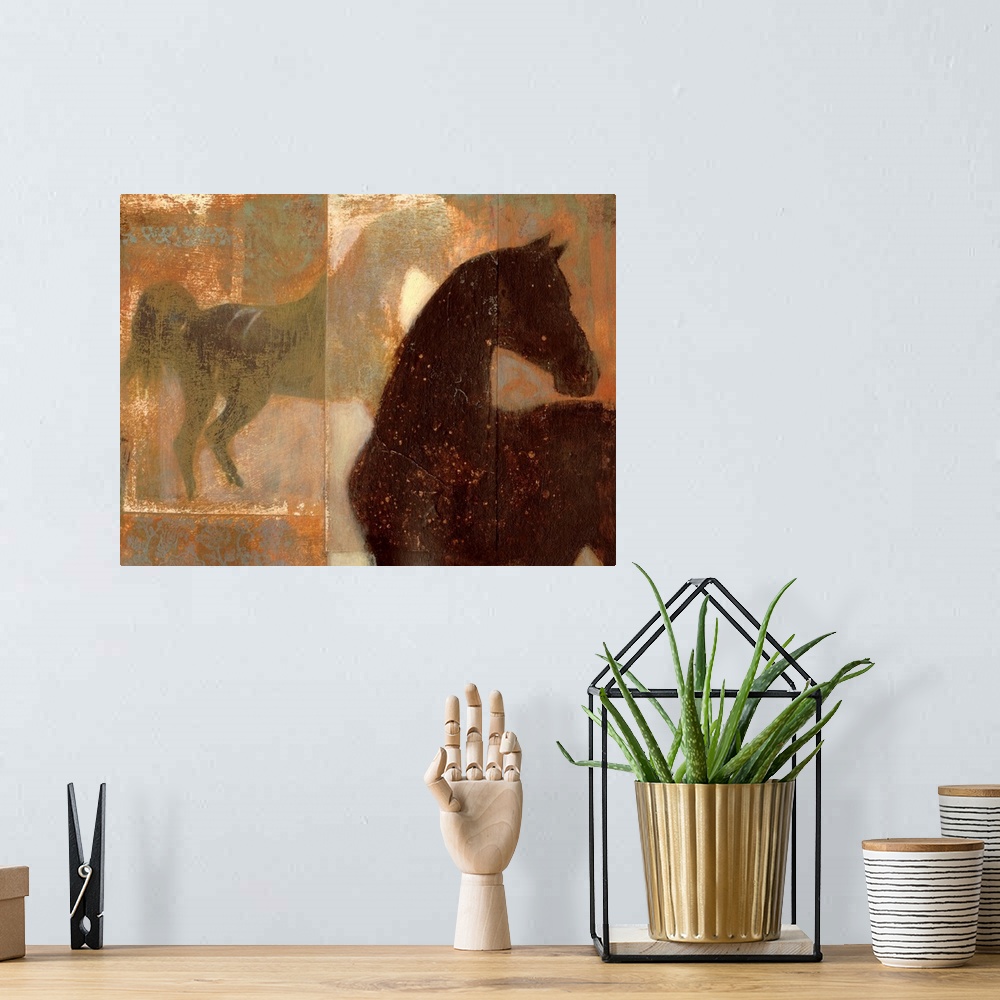 A bohemian room featuring Rough textured artwork of two horses.