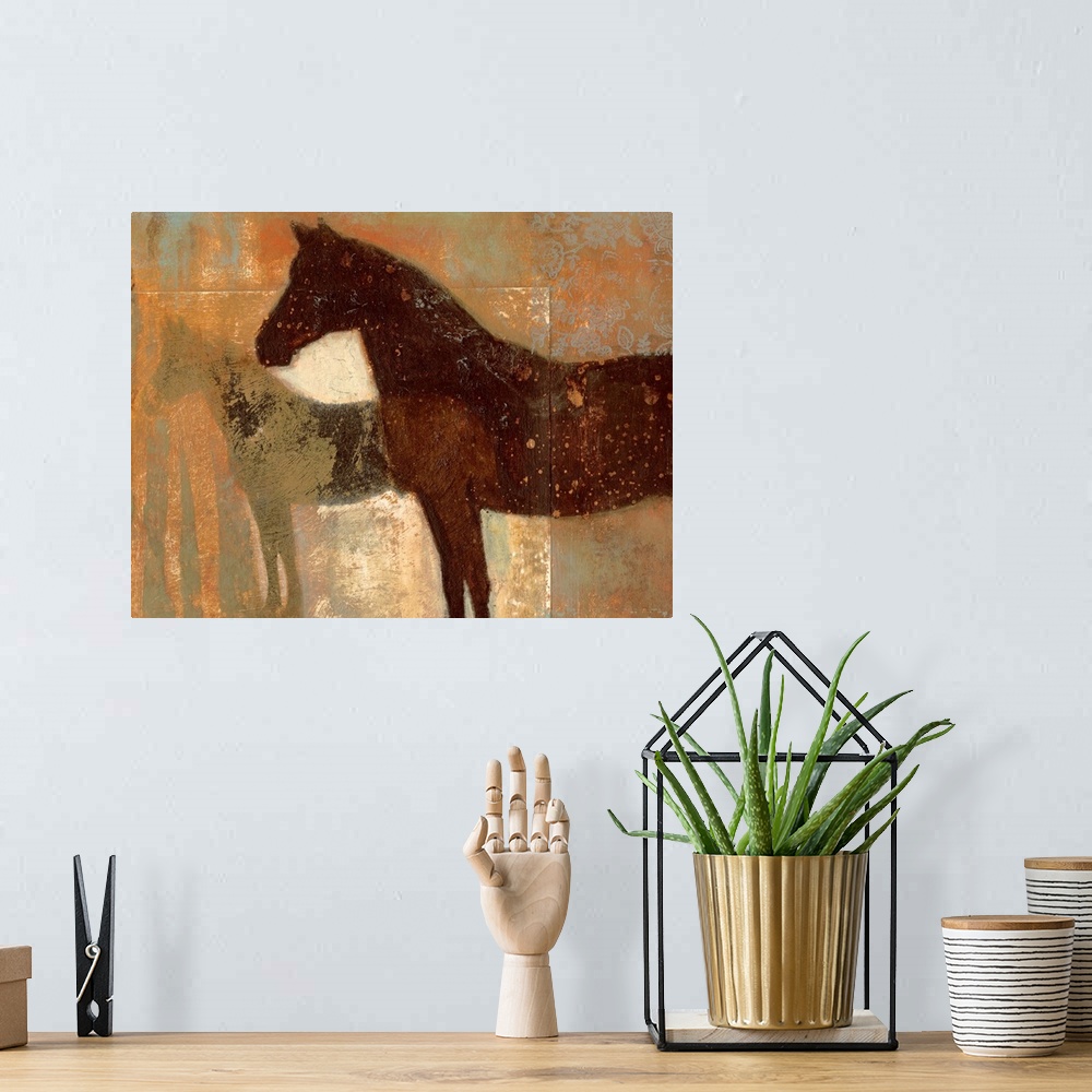 A bohemian room featuring Contemporary painting of horse silhouettes covered in paint splatters with floral design in one c...