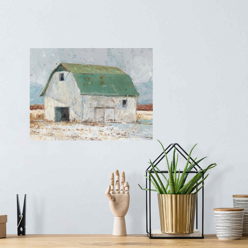 A bohemian room featuring Art print of an old white barn with a green roof in the countryside.