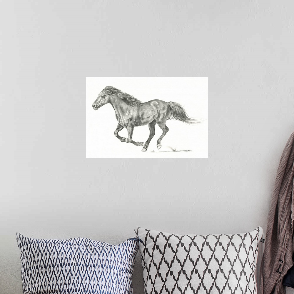 A bohemian room featuring Black and white drawing of a running horse on a white background.