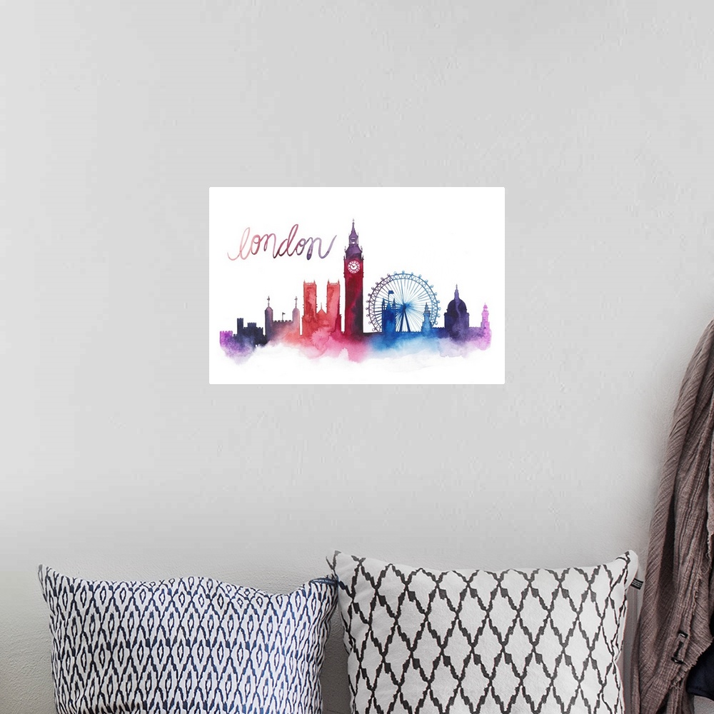 A bohemian room featuring Contemporary watercolor skyline with the name in a whimsical handlettering.