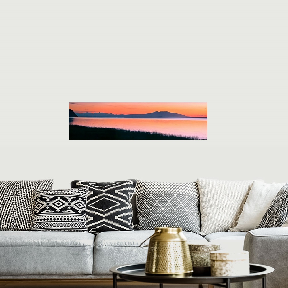 A bohemian room featuring Sunset Over Mount Susitna Sleeping Lady Across Knik Arm, Southcentral Alaska