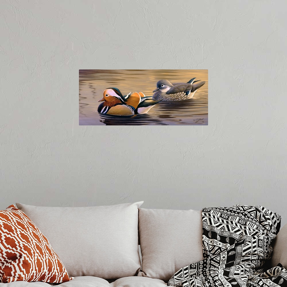 A bohemian room featuring Two ducks in the water.