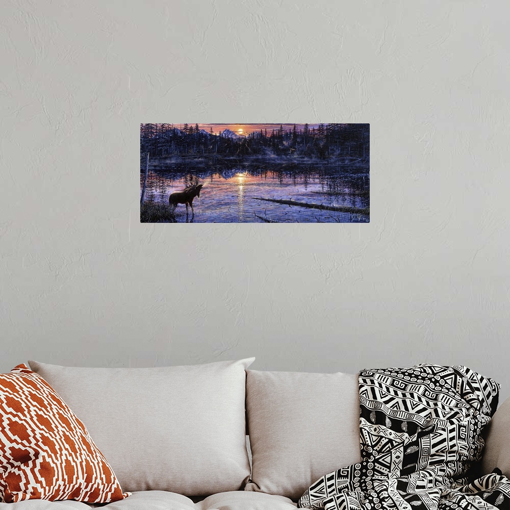 A bohemian room featuring A BULL MOOSE STANDING IN A SWAMP WITH SUN COMING UP IN THE BACKGROUND