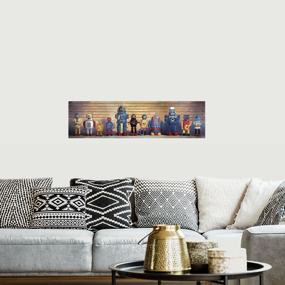 A bohemian room featuring A contemporary painting of a police line-up of retro toy robots some of which eating donuts.