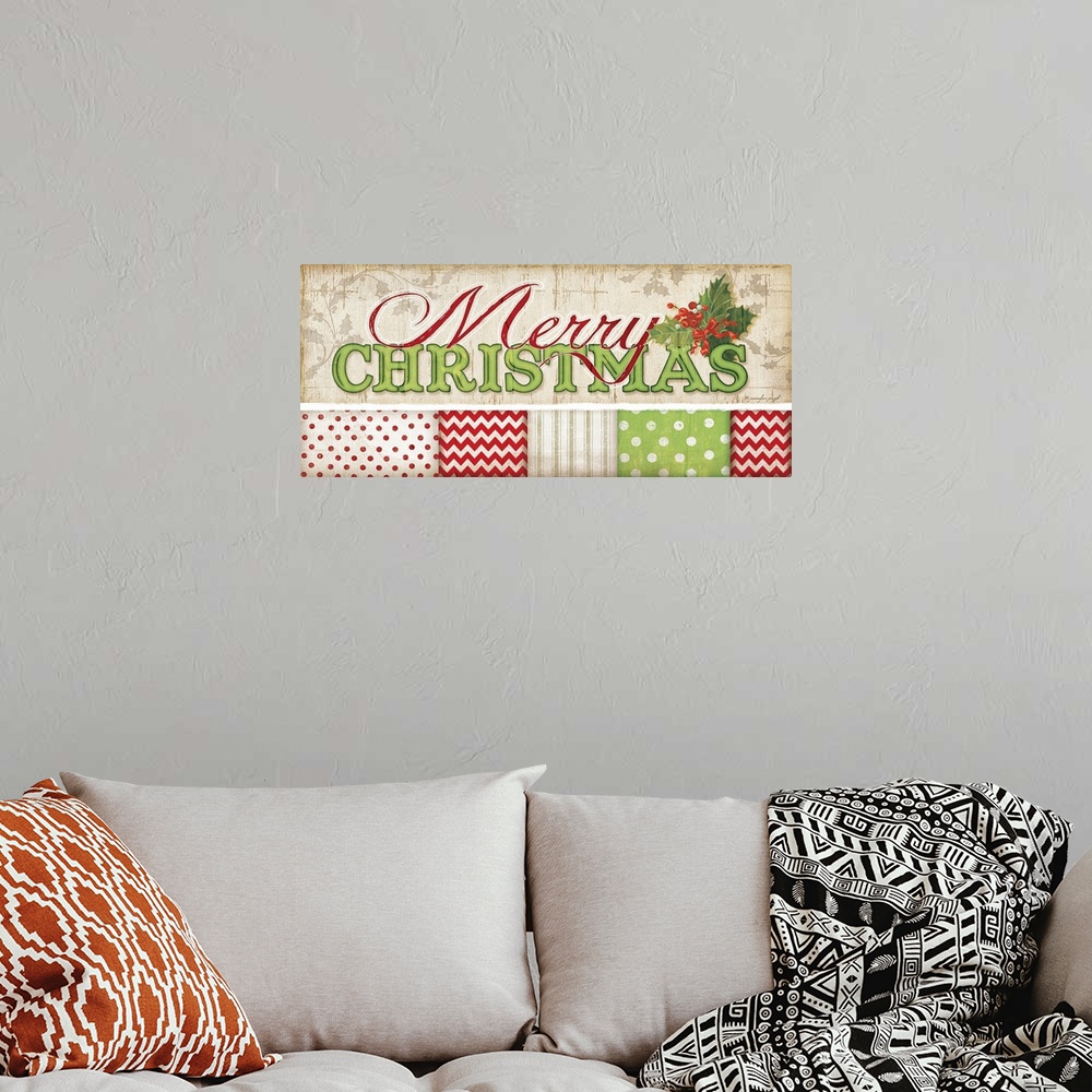 A bohemian room featuring Colorful holiday sentiments against a patterned background.