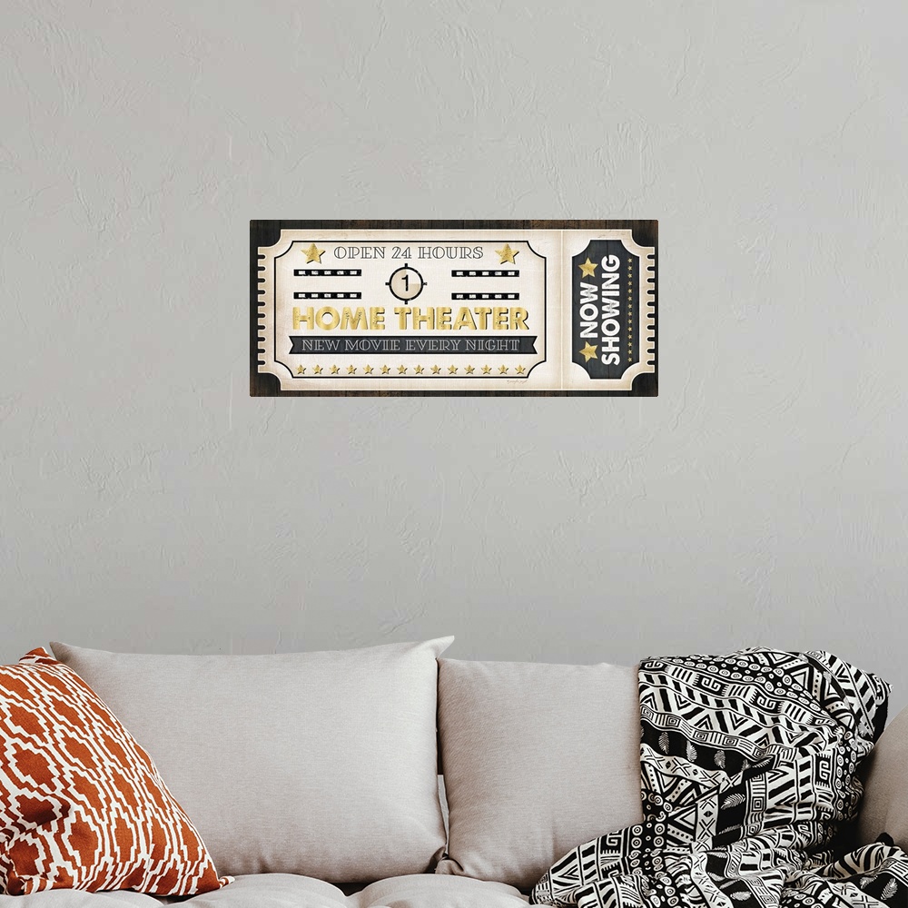 A bohemian room featuring A digital illustration of a movie ticket.